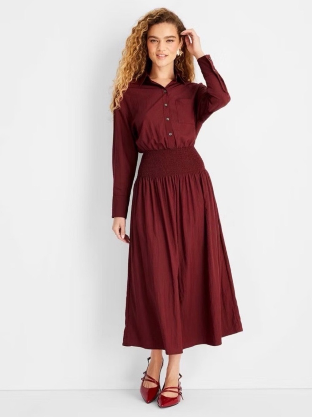 Smocked Waist Long-Sleeve Maxi Dress in Burgundy from Future Collective 1XL